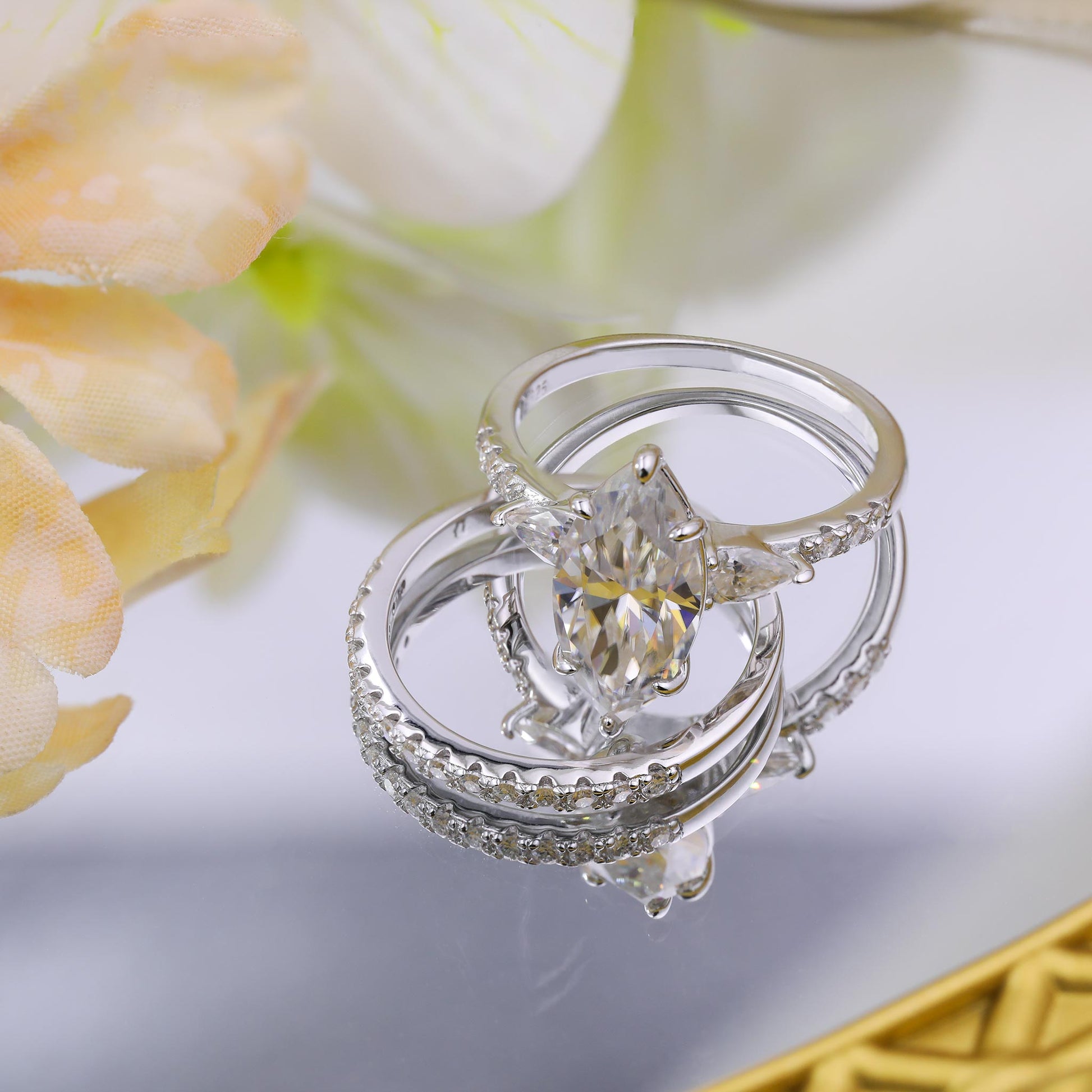 4ct Marquise Cut Moissanite Engagement Ring – Sterling Silver Wedding Band