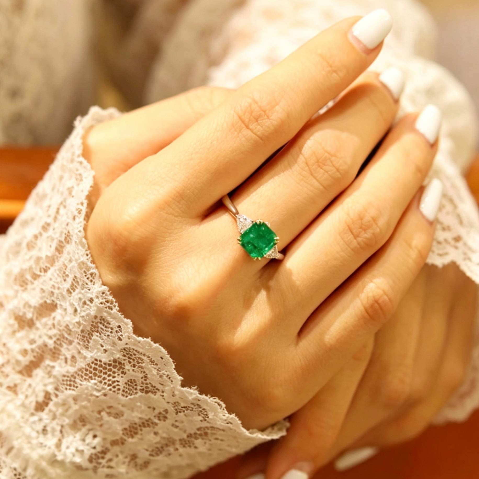 Lab-Grown Emerald Ring - Classic Three-Stone Emerald Cut