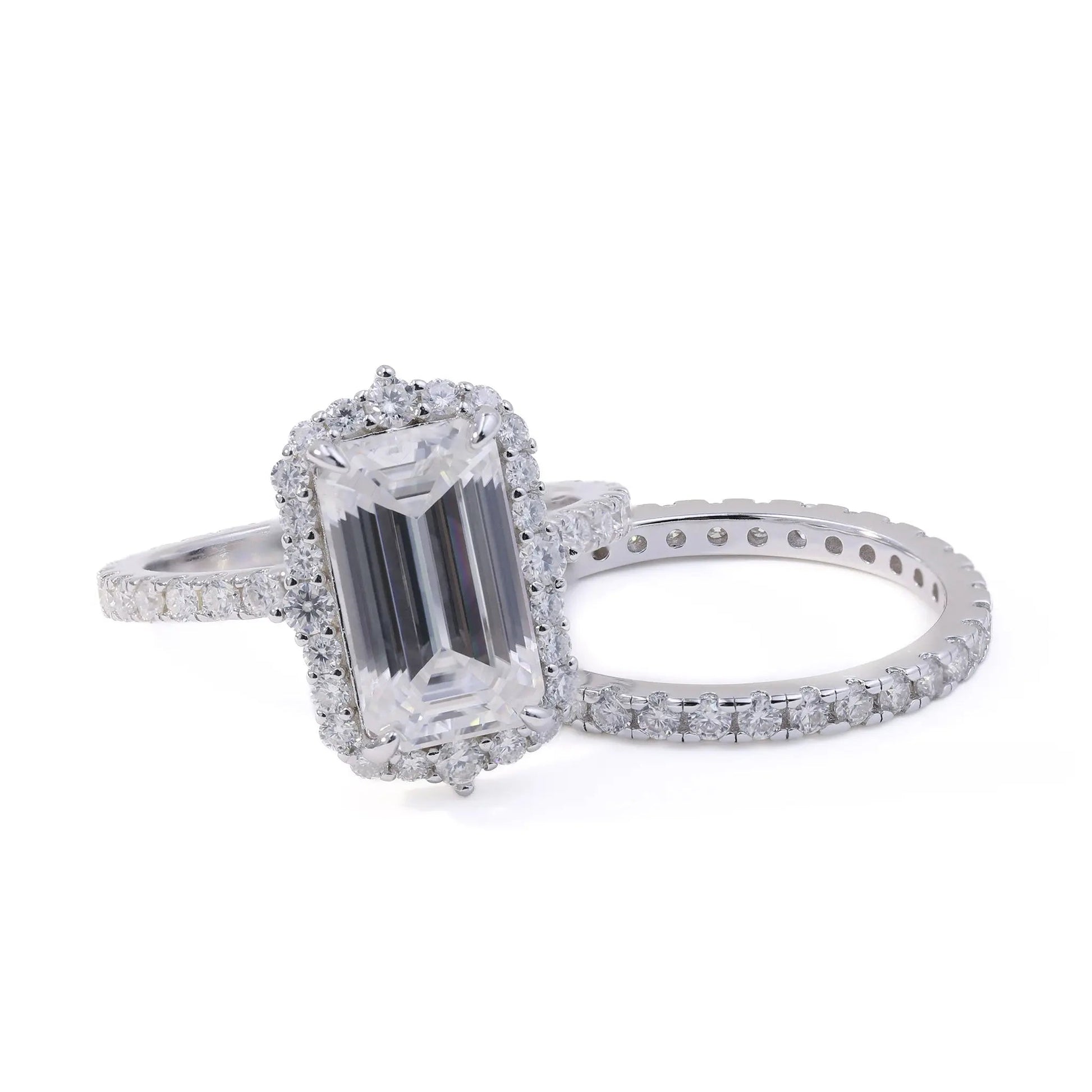 5.74ct Emerald Cut Moissanite Halo Engagement Ring – 925 Sterling Silver for Women - bocosjewelry