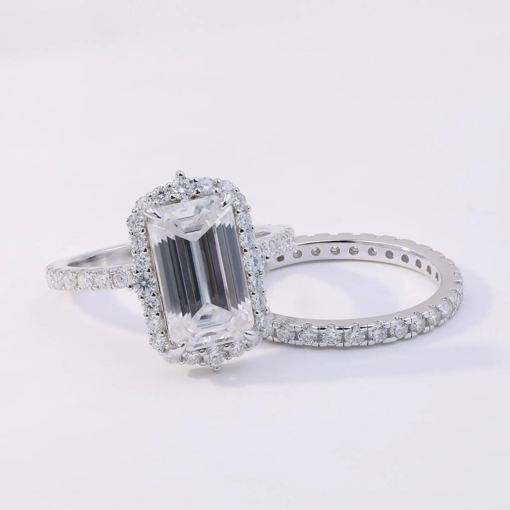 5.74ct Emerald Cut Moissanite Halo Engagement Ring – 925 Sterling Silver for Women - bocosjewelry