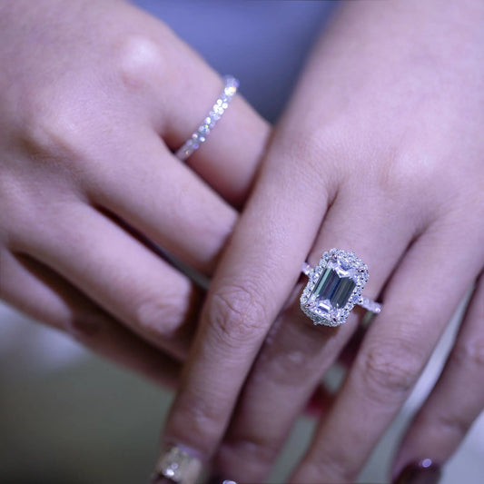5.74ct Emerald Cut Moissanite Halo Engagement Ring – 925 Sterling Silver for Women - bocosjewelry