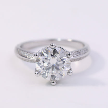 5ct Round Cut Moissanite Engagement Ring – 925 Sterling Silver 6 - Prong Bridal Ring with Side Stones for Women