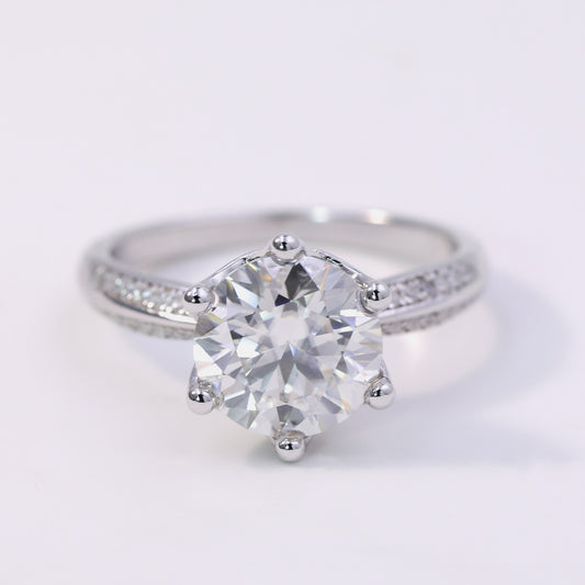 5ct Round Cut Moissanite Engagement Ring – 925 Sterling Silver 6 - Prong Bridal Ring with Side Stones for Women