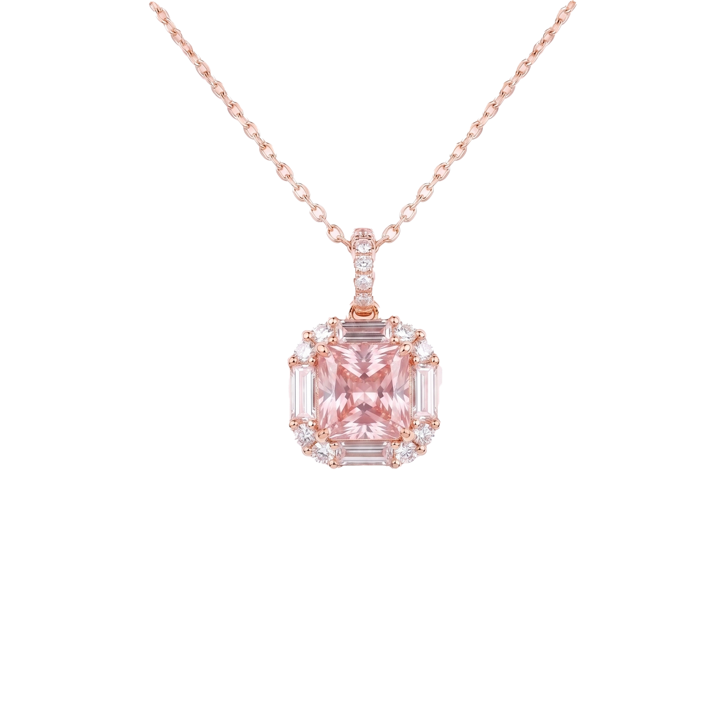 Pink Diamond Pendant - Princess Cut Halo Necklace