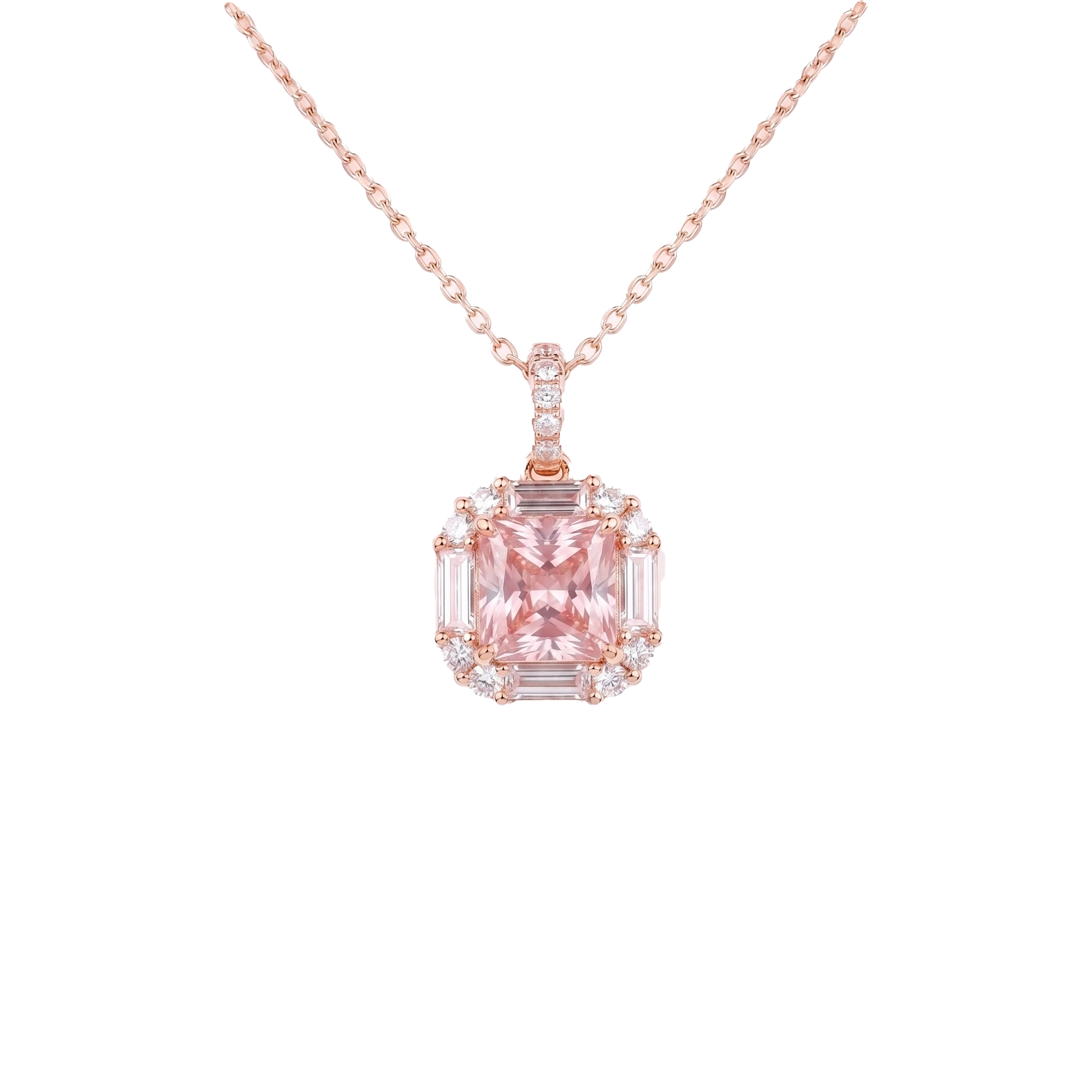 Pink Diamond Pendant - Princess Cut Halo Necklace