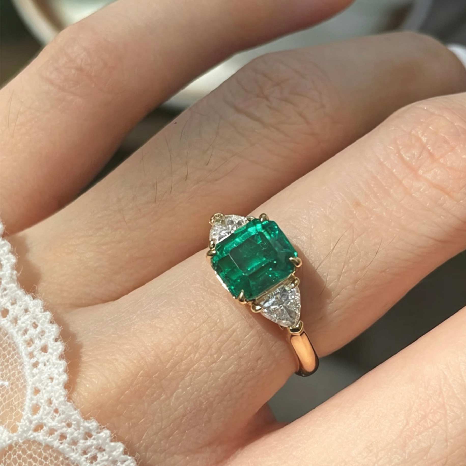 Lab-Grown Emerald Ring - Classic Three-Stone Emerald Cut