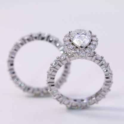 3ct Pear Shaped Moissanite Engagement Ring Set – 925 Sterling Silver Halo Bridal Ring Set for Women