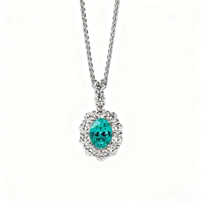 2.2ct Oval Cut Lab-Grown Paraiba Tourmaline Halo Pendant Necklace | 925 Sterling Silver 18K Gold Plated Statement Necklace