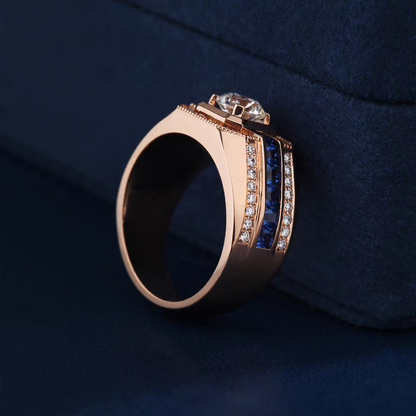Men's Moissanite & Sapphire Statement Ring | 925 Sterling Silver Rose Gold Plated Ring - BOCOS Jewelry