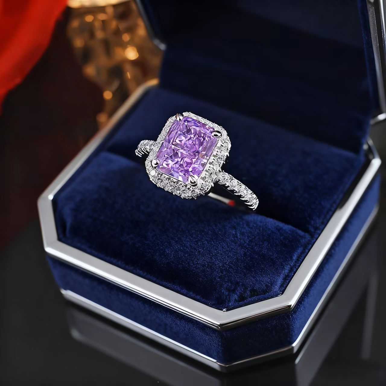 Radiant Cut Lab-Grown Purple Sapphire Ring | Moissanite Halo 925 Sterling Silver Platinum Plated Ring for Women - BOCOS Jewelry