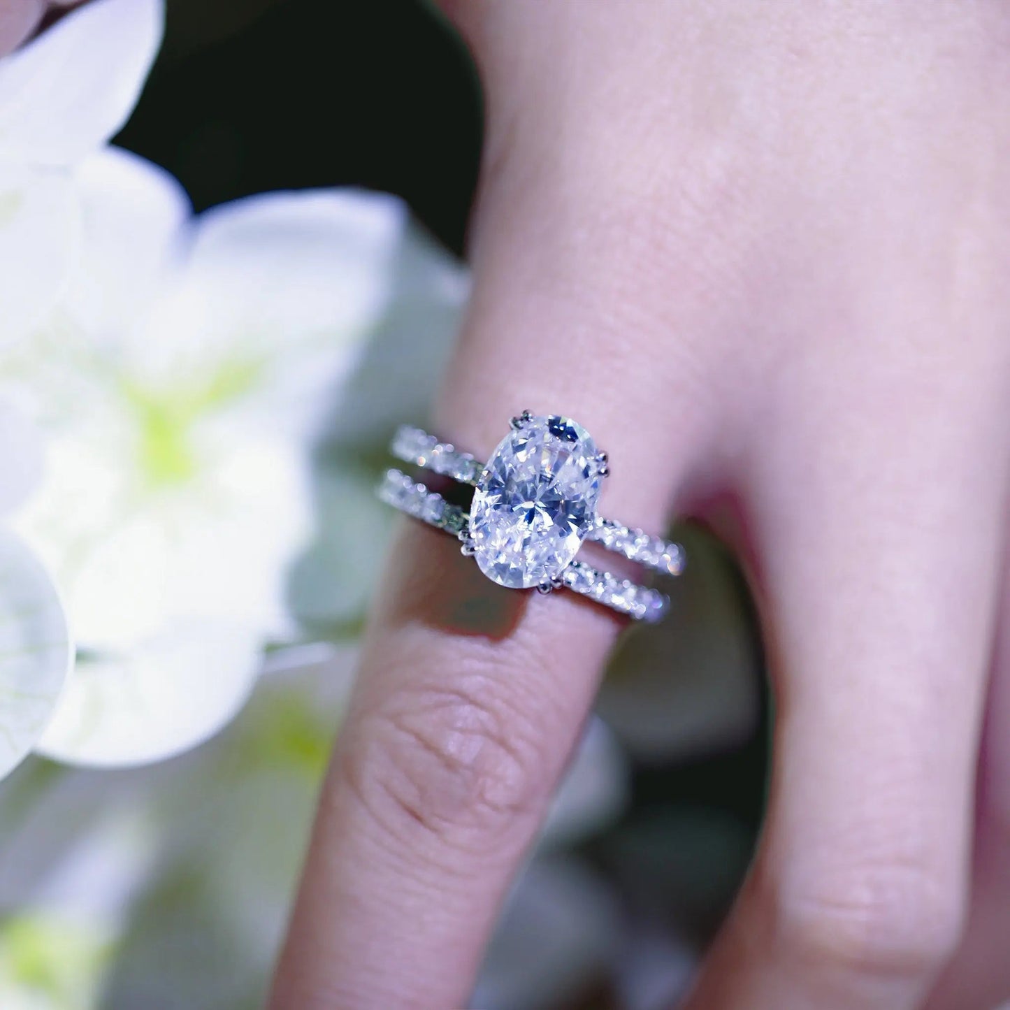 4ct Oval Cut Moissanite Bridal Set – 925 Sterling Silver Engagement Ring with Eternity Band for Women