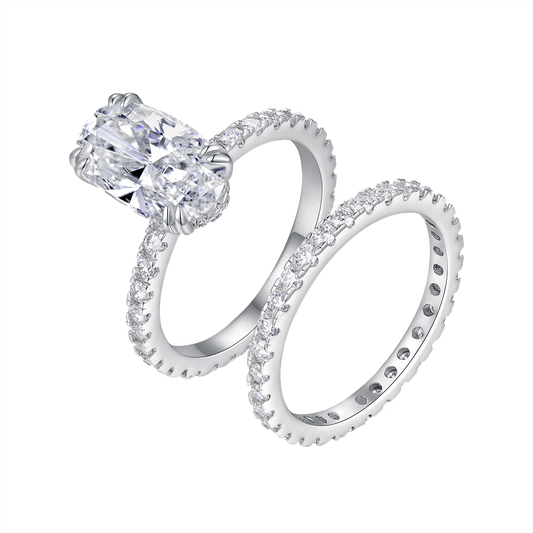 4ct Oval Cut Moissanite Bridal Set – 925 Sterling Silver Engagement Ring with Eternity Band for Women