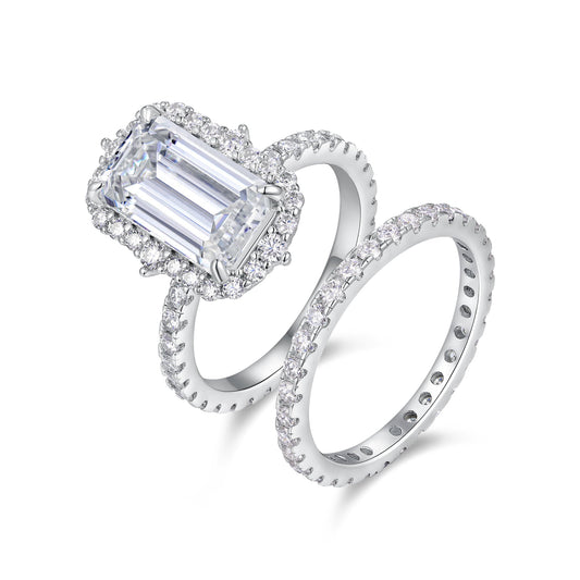 5.74ct Emerald Cut Moissanite Halo Engagement Ring – 925 Sterling Silver for Women - bocosjewelry
