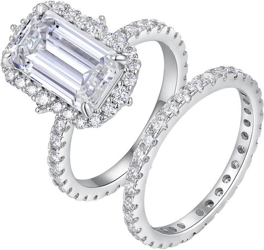 5.74ct Emerald Cut Moissanite Halo Engagement Ring – 925 Sterling Silver for Women