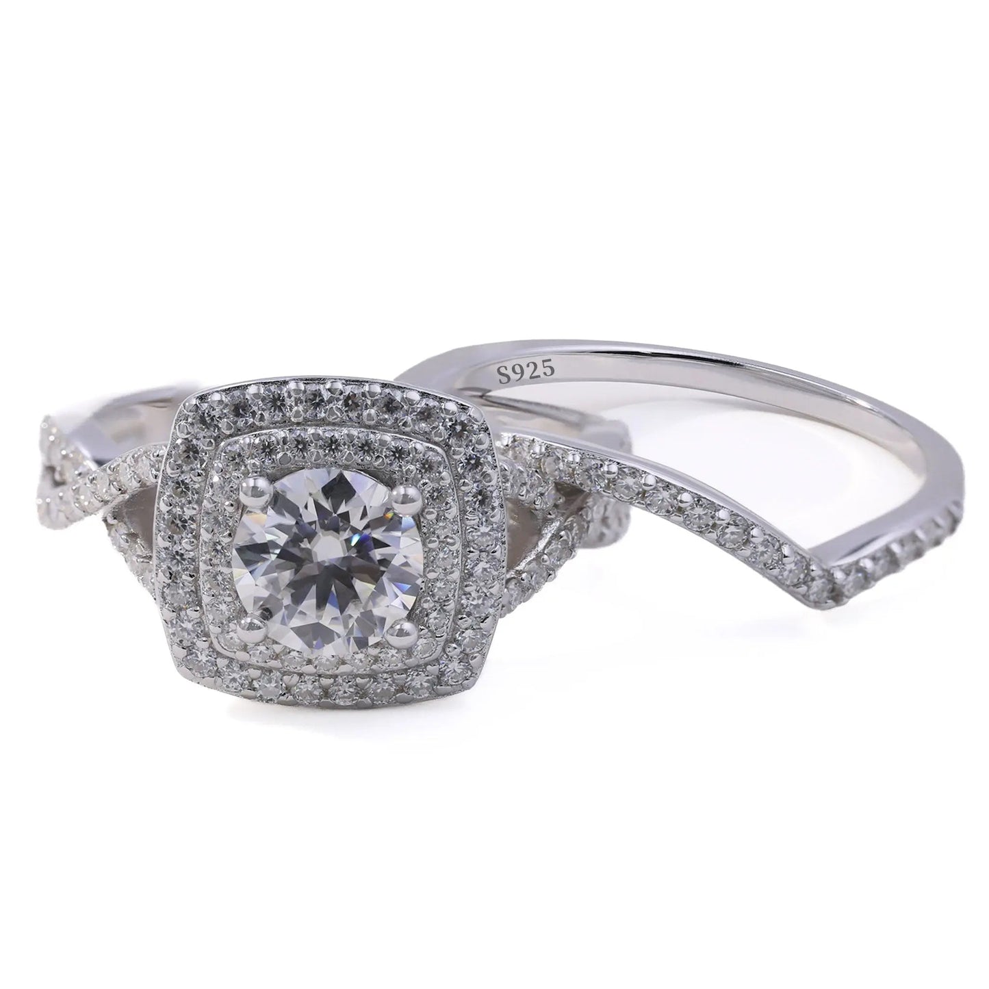 1ct Round Cut Moissanite Halo Engagement Ring Set – 925 Sterling Silver with V-Shaped Band for Women