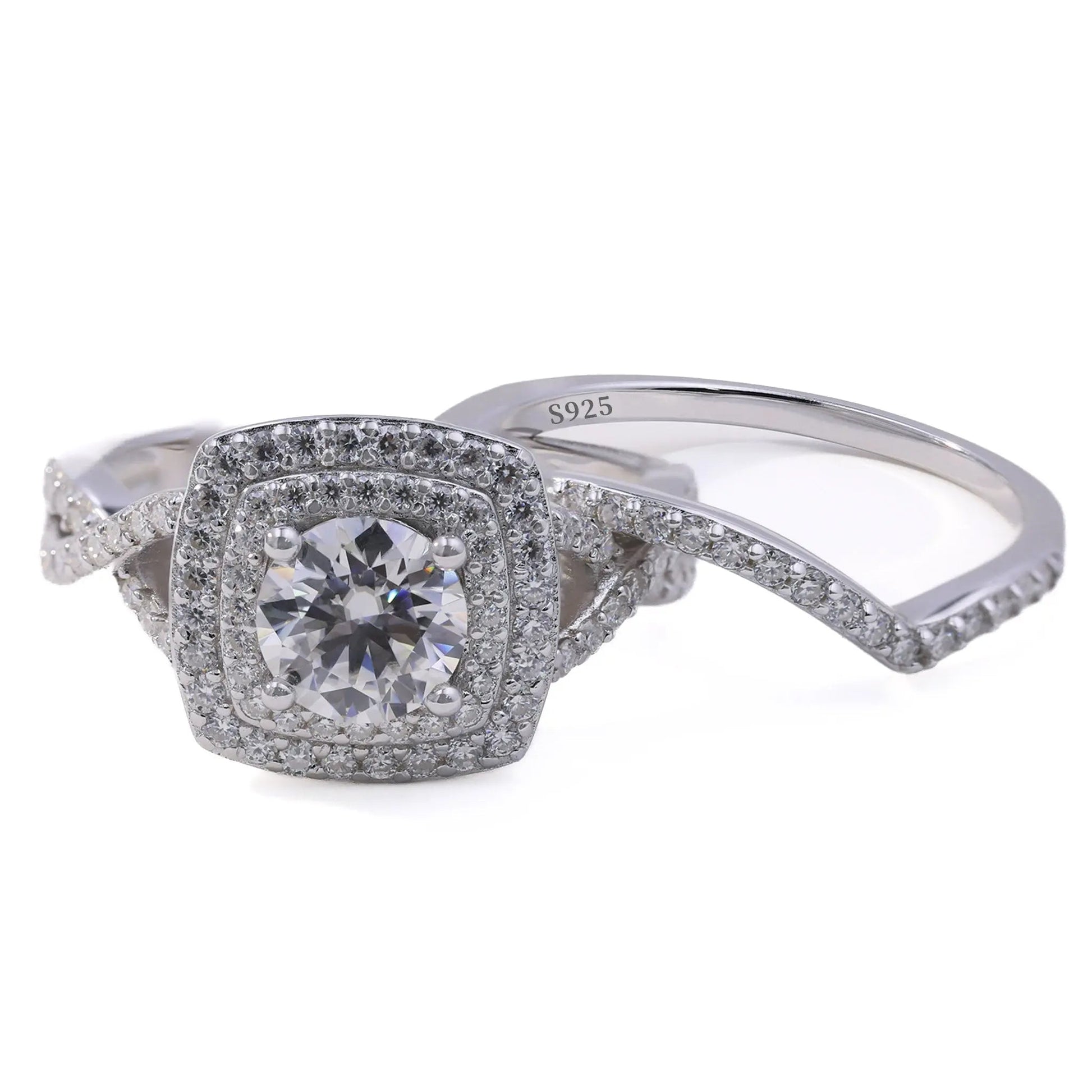 1ct Round Cut Moissanite Halo Engagement Ring Set – 925 Sterling Silver with V-Shaped Band for Women