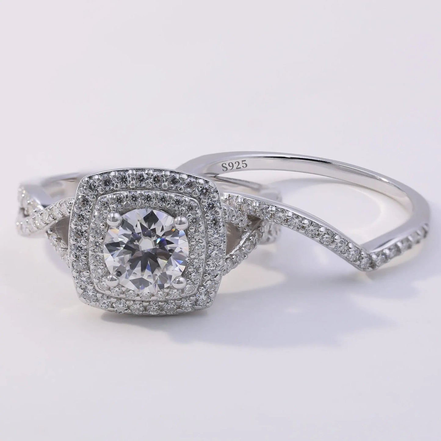 1ct Round Cut Moissanite Halo Engagement Ring Set – 925 Sterling Silver with V-Shaped Band for Women