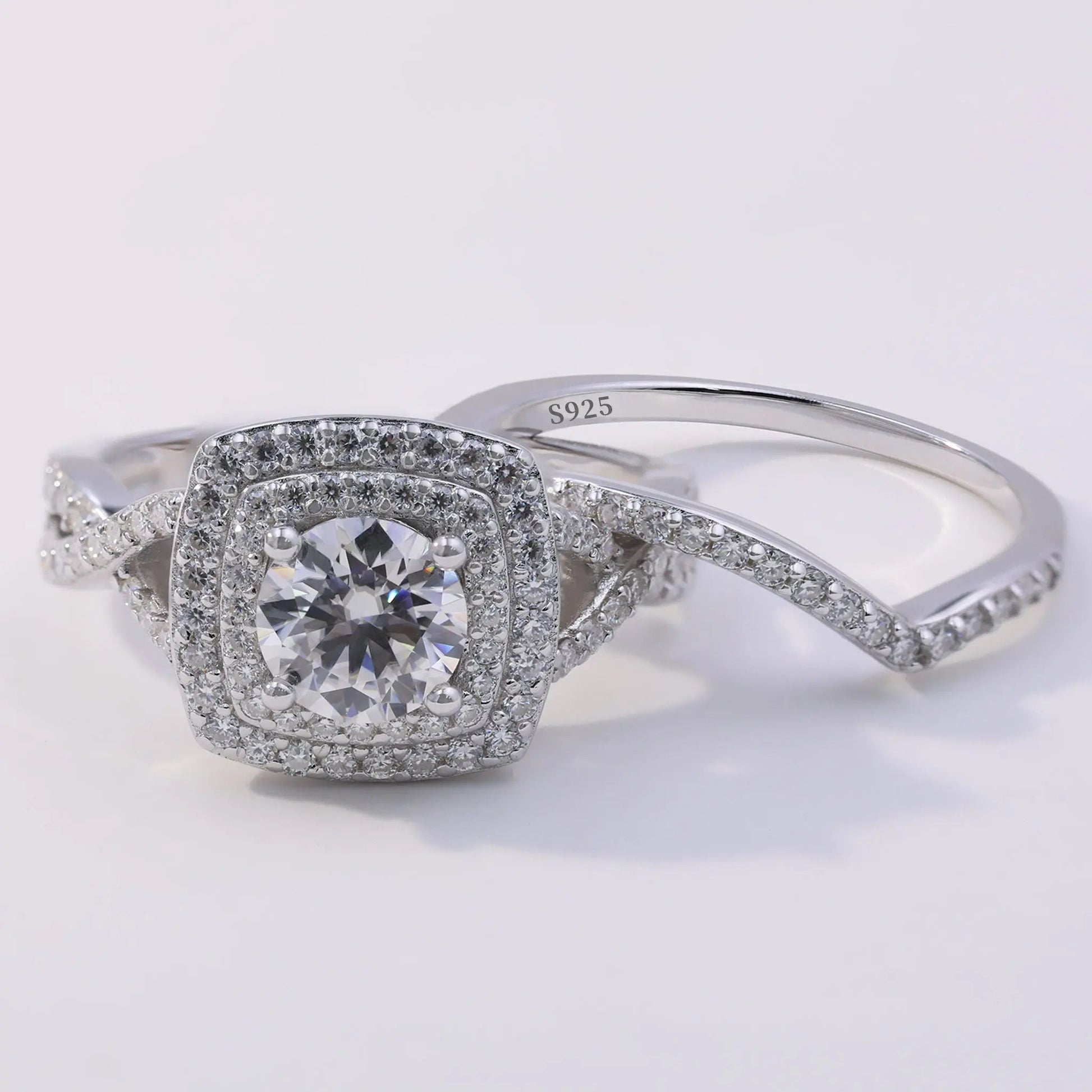 1ct Round Cut Moissanite Halo Engagement Ring Set – 925 Sterling Silver with V-Shaped Band for Women