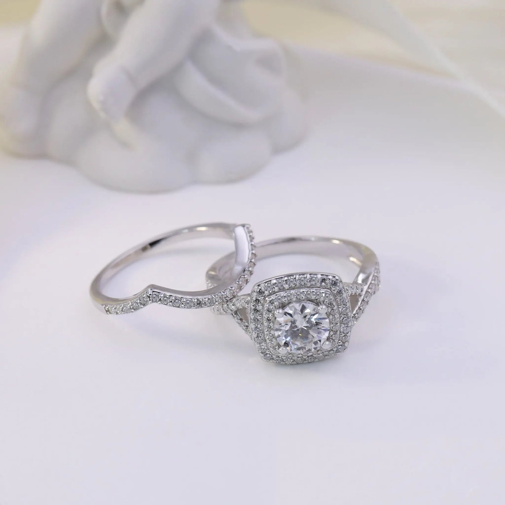 1ct Round Cut Moissanite Halo Engagement Ring Set – 925 Sterling Silver with V-Shaped Band for Women