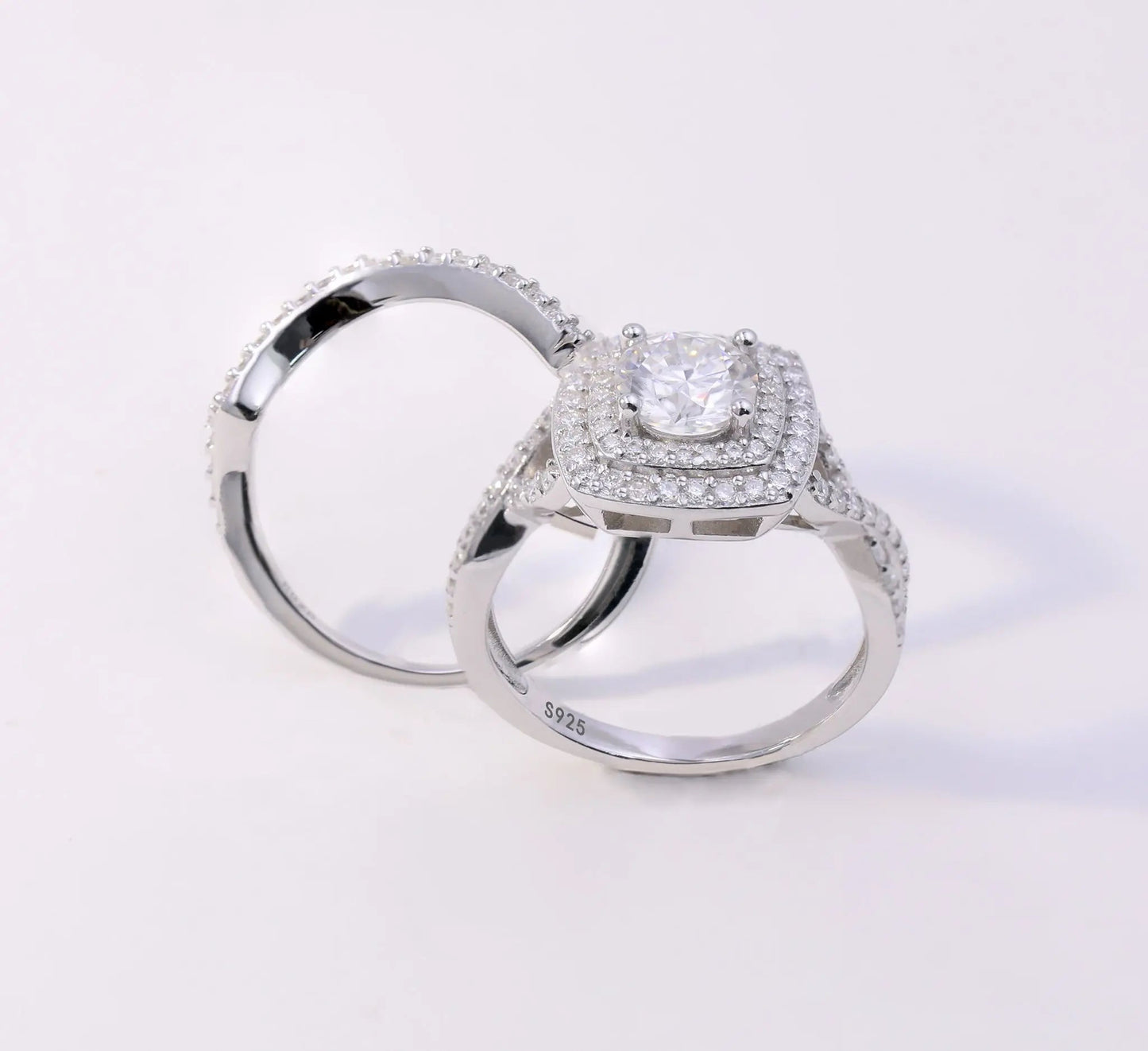 1ct Round Cut Moissanite Halo Engagement Ring Set – 925 Sterling Silver with V-Shaped Band for Women