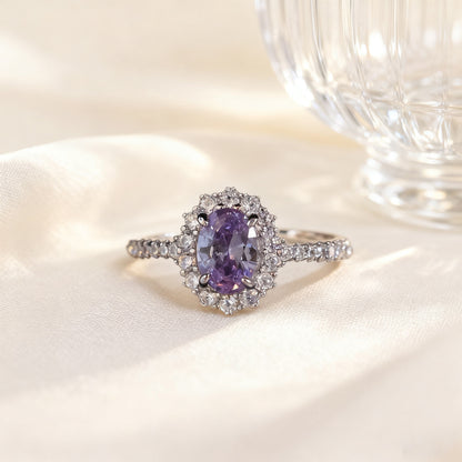 Oval Cut Purple Moissanite Halo Ring | 925 Sterling Silver Platinum Plated | BOCOS JEWELRY