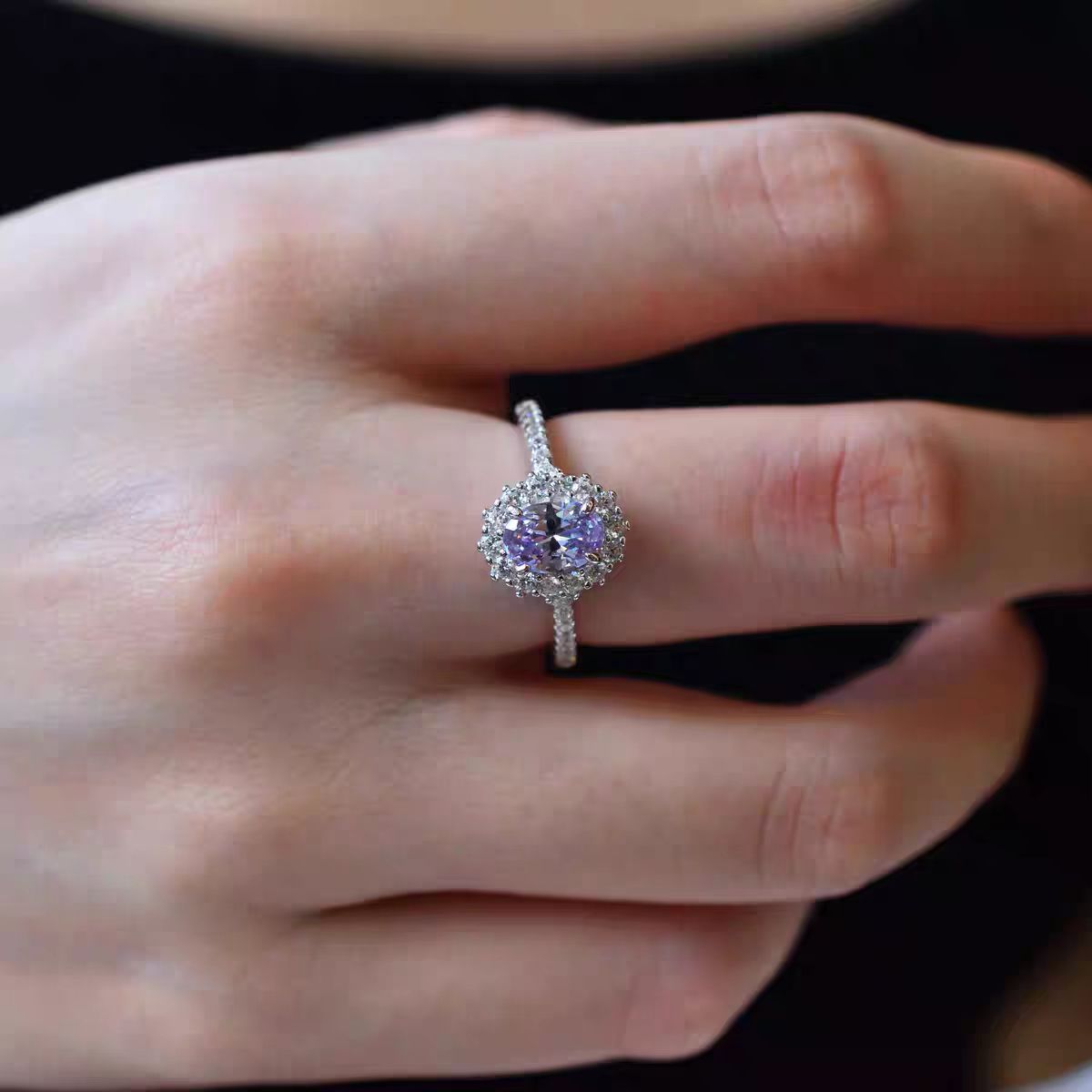 Oval Cut Purple Moissanite Halo Ring | 925 Sterling Silver Platinum Plated | BOCOS JEWELRY