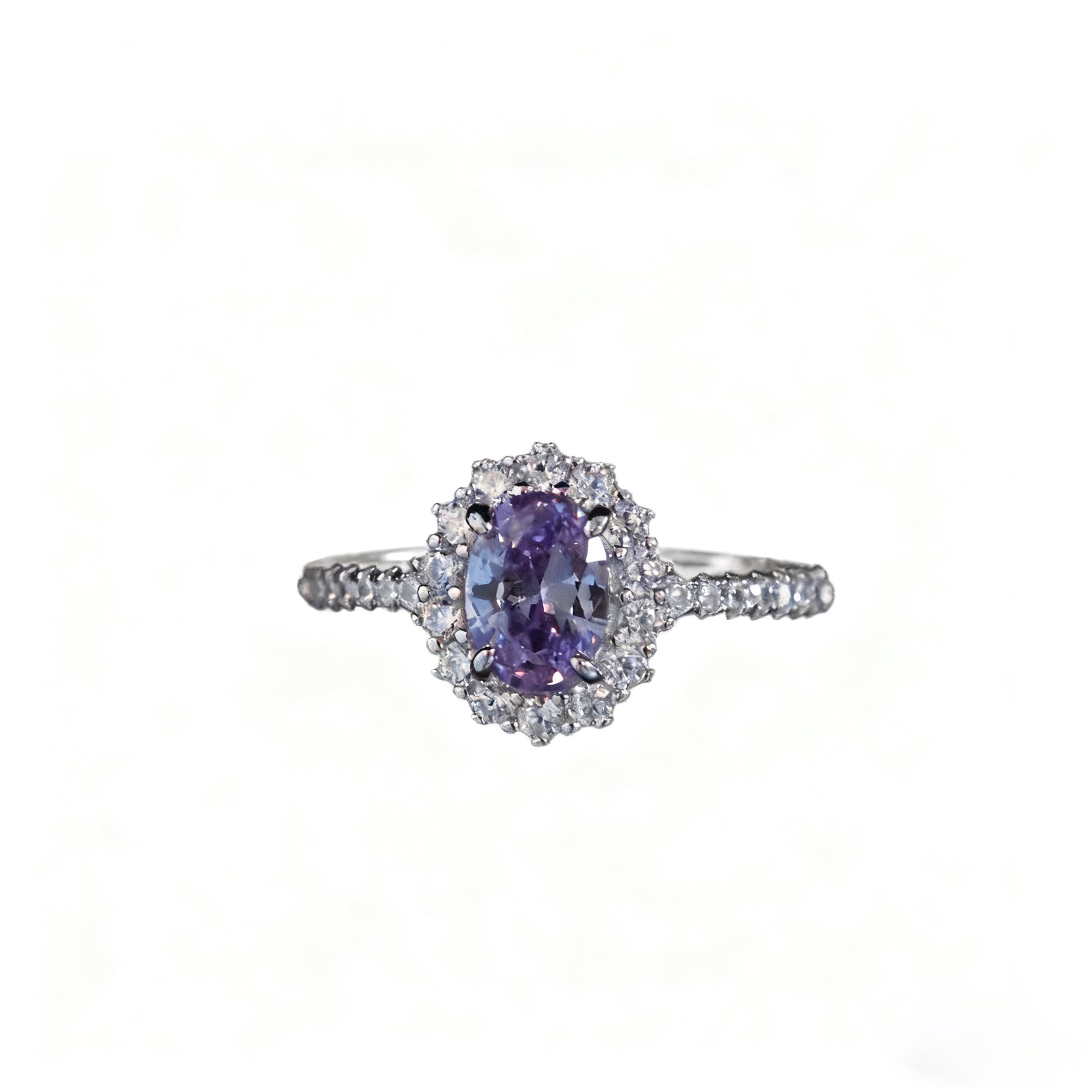 Oval Cut Purple Moissanite Halo Ring | 925 Sterling Silver Platinum Plated | BOCOS JEWELRY