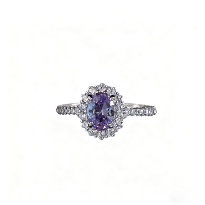 Oval Cut Purple Moissanite Halo Ring | 925 Sterling Silver Platinum Plated | BOCOS JEWELRY