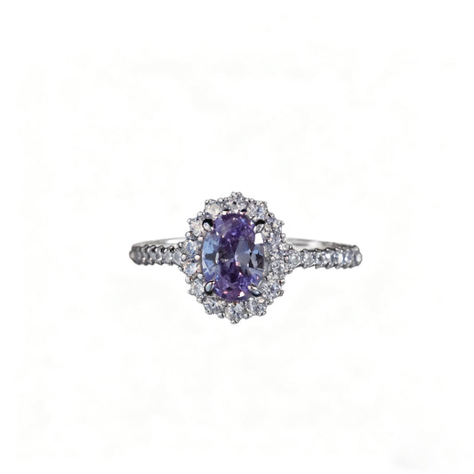 Oval Cut Purple Moissanite Halo Ring | 925 Sterling Silver Platinum Plated | BOCOS JEWELRY
