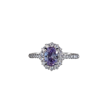 Oval Cut Purple Moissanite Halo Ring | 925 Sterling Silver Platinum Plated | BOCOS JEWELRY