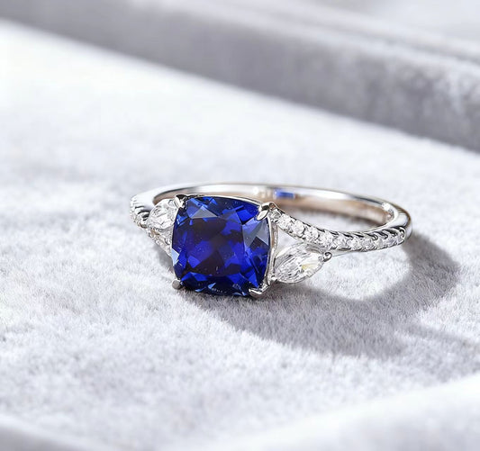 Cushion-Cut Lab-Grown Sapphire Ring with Marquise Moissanite Accents | 18K Gold Custom | BOCOS JEWELRY