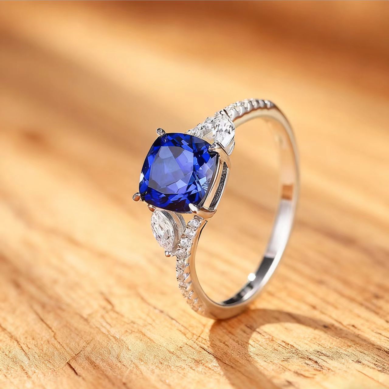 Cushion-Cut Lab-Grown Sapphire Ring with Marquise Moissanite Accents | 18K Gold Custom | BOCOS JEWELRY