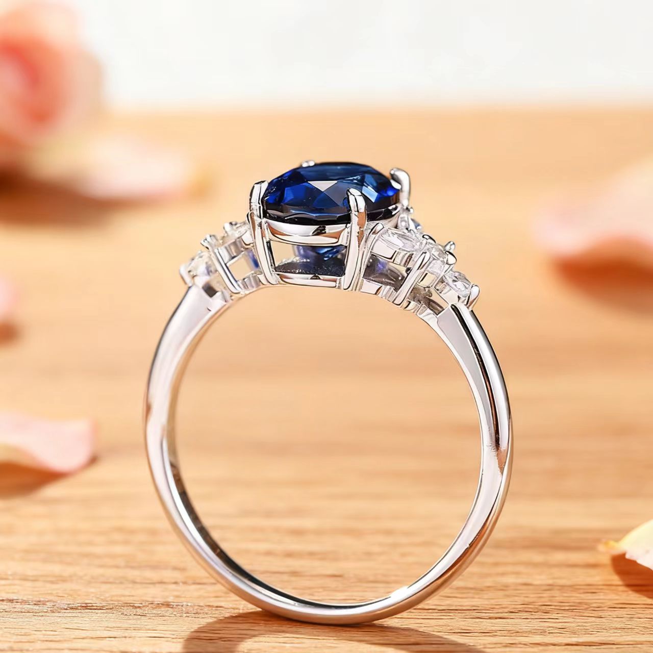 Cushion-Cut Lab-Grown Sapphire Ring with Marquise Moissanite Accents | 18K Gold Custom | BOCOS JEWELRY