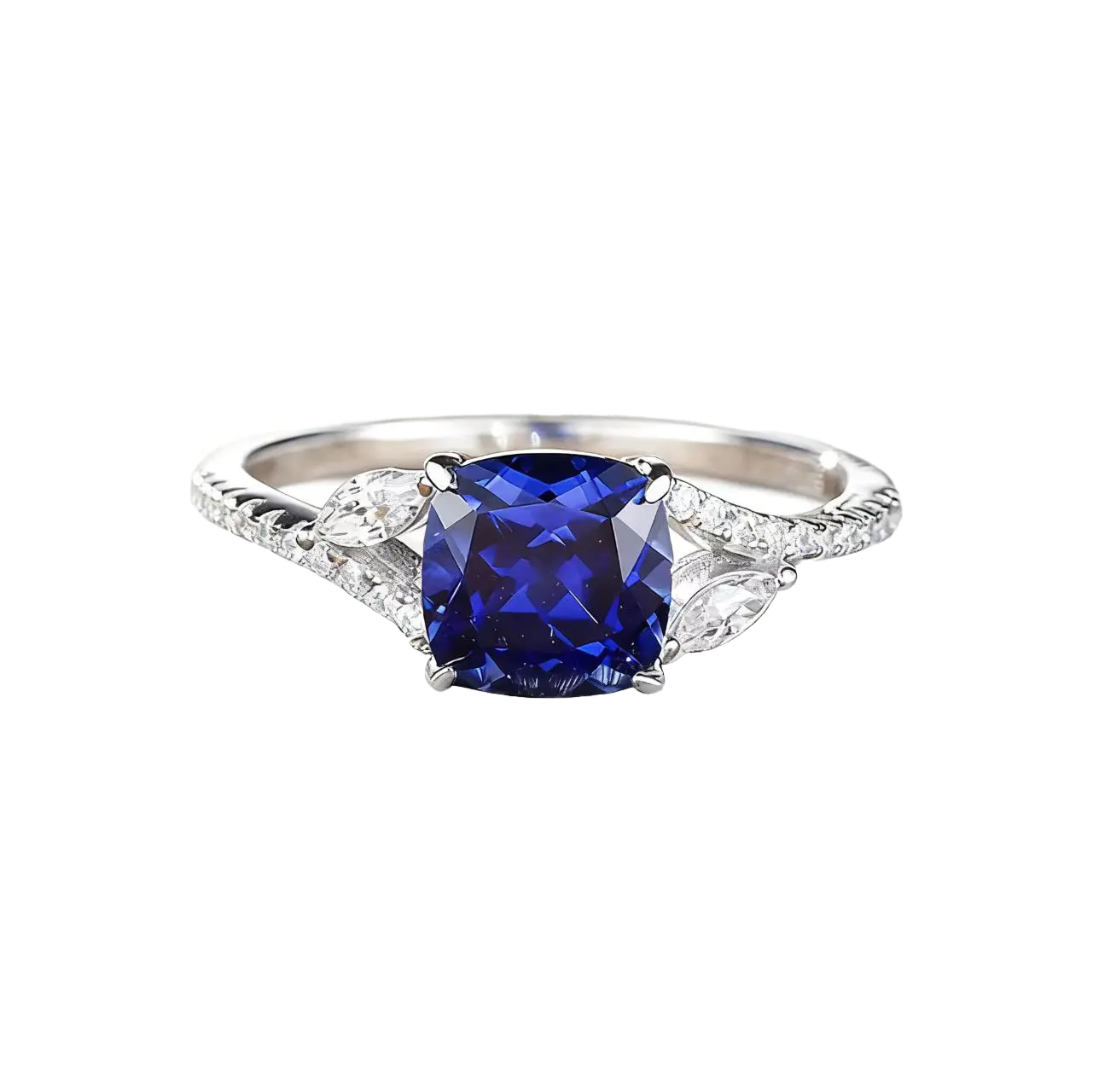 Cushion-Cut Lab-Grown Sapphire Ring with Marquise Moissanite Accents | 18K Gold Custom | BOCOS JEWELRY