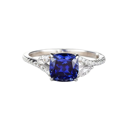 Cushion-Cut Lab-Grown Sapphire Ring with Marquise Moissanite Accents | 18K Gold Custom | BOCOS JEWELRY