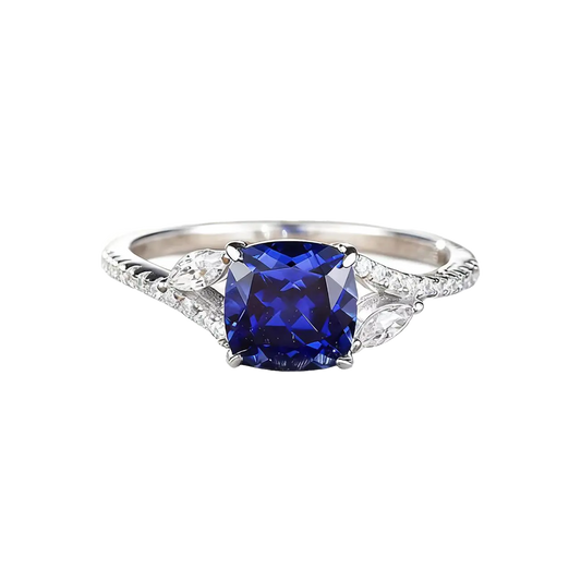 Cushion-Cut Lab-Grown Sapphire Ring with Marquise Moissanite Accents | 18K Gold Custom | BOCOS JEWELRY