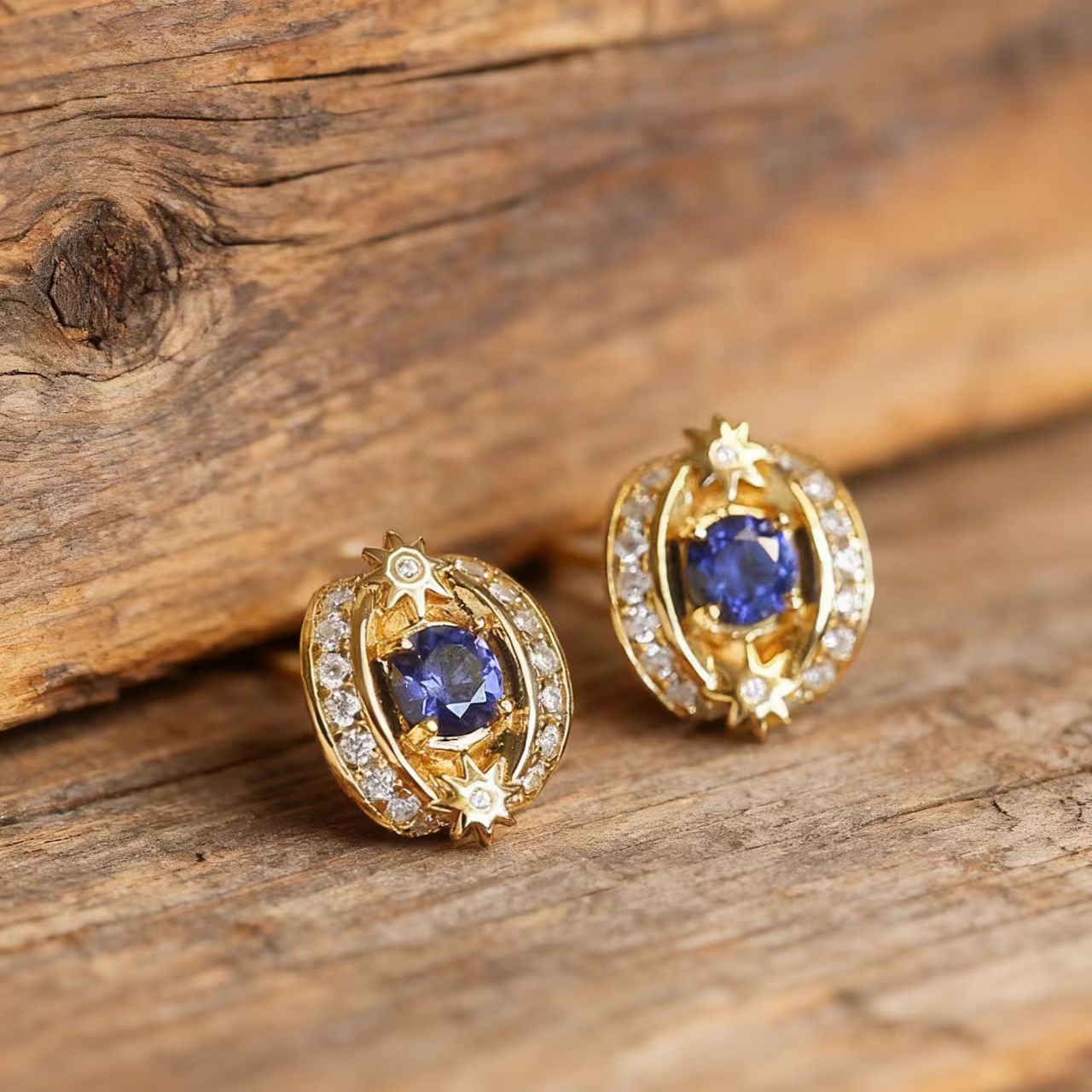 Vintage Star-Set Lab-Grown Sapphire Stud Earrings with Moissanite | 18K Gold Custom | BOCOS JEWELRY