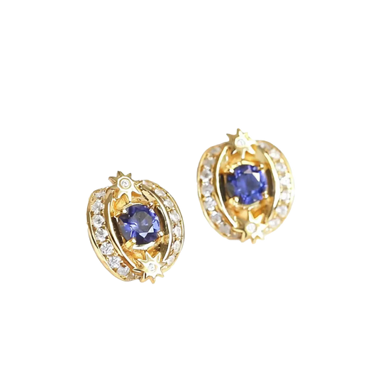 Vintage Star-Set Lab-Grown Sapphire Stud Earrings with Moissanite | 18K Gold Custom | BOCOS JEWELRY