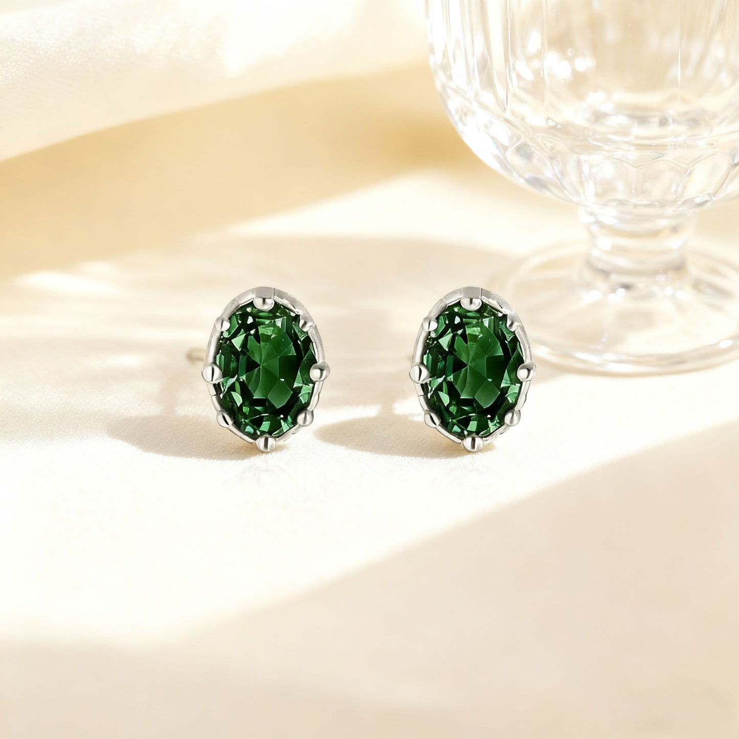 Oval-Cut Lab-Grown Green Gemstone Stud Earrings | 925 Sterling Silver / 18K Gold Custom | BOCOS JEWELRY