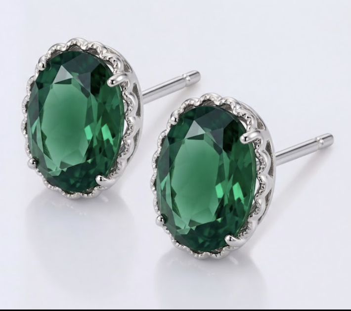 Oval Green Quartz Earrings - Bezel Style Studs