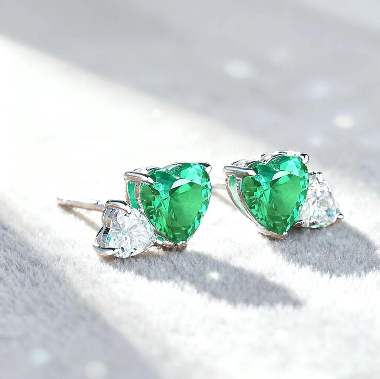Heart-Cut Lab-Grown Green Gemstone Stud Earrings with Pear Moissanite | 925 Sterling Silver / 18K Gold Custom | BOCOS JEWELRY