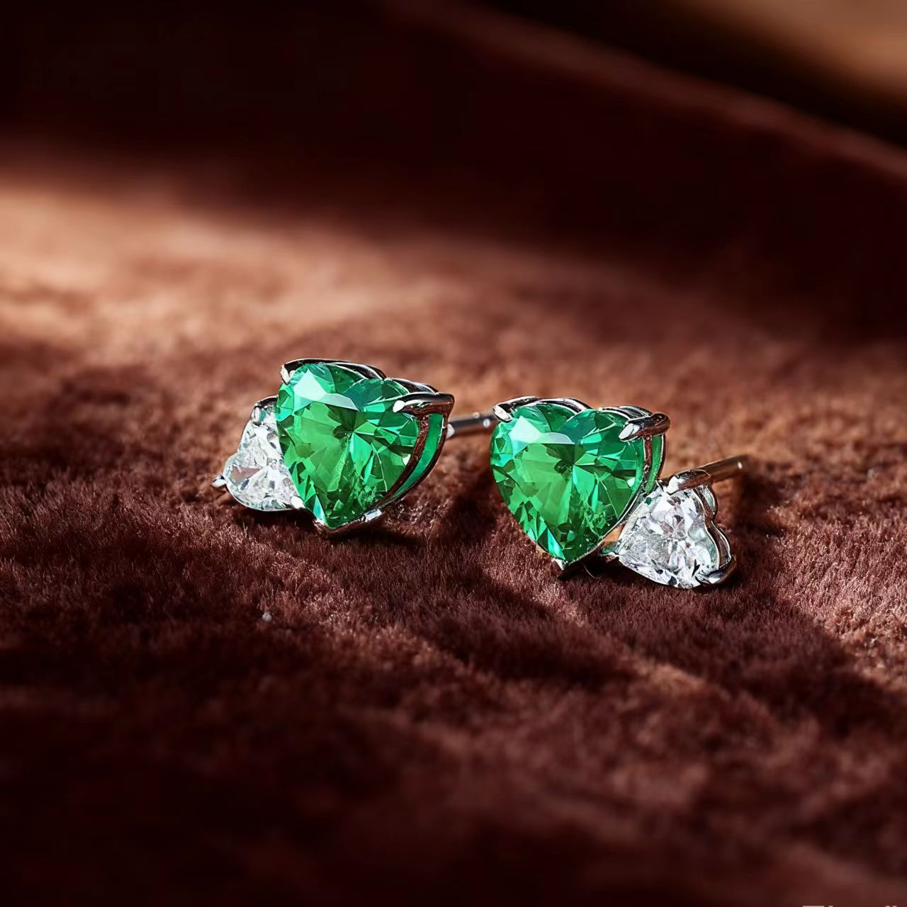 Heart-Cut Lab-Grown Green Gemstone Stud Earrings with Pear Moissanite | 925 Sterling Silver / 18K Gold Custom | BOCOS JEWELRY