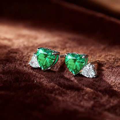 Heart-Cut Lab-Grown Green Gemstone Stud Earrings with Pear Moissanite | 925 Sterling Silver / 18K Gold Custom | BOCOS JEWELRY