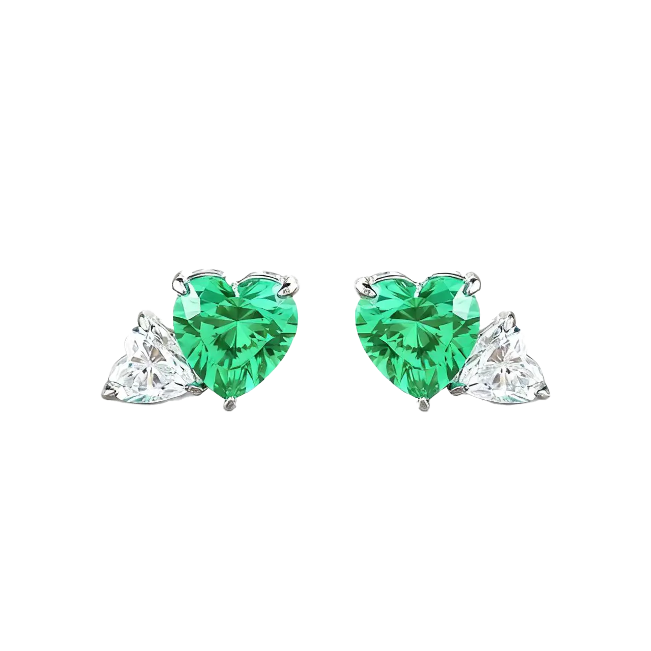 Heart-Cut Lab-Grown Green Gemstone Stud Earrings with Pear Moissanite | 925 Sterling Silver / 18K Gold Custom | BOCOS JEWELRY