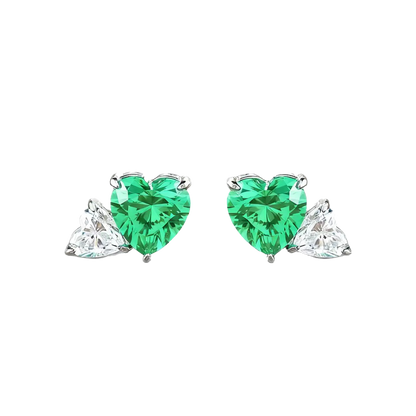 Heart-Cut Lab-Grown Green Gemstone Stud Earrings with Pear Moissanite | 925 Sterling Silver / 18K Gold Custom | BOCOS JEWELRY