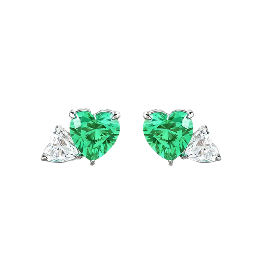 Heart-Cut Lab-Grown Green Gemstone Stud Earrings with Pear Moissanite | 925 Sterling Silver / 18K Gold Custom | BOCOS JEWELRY