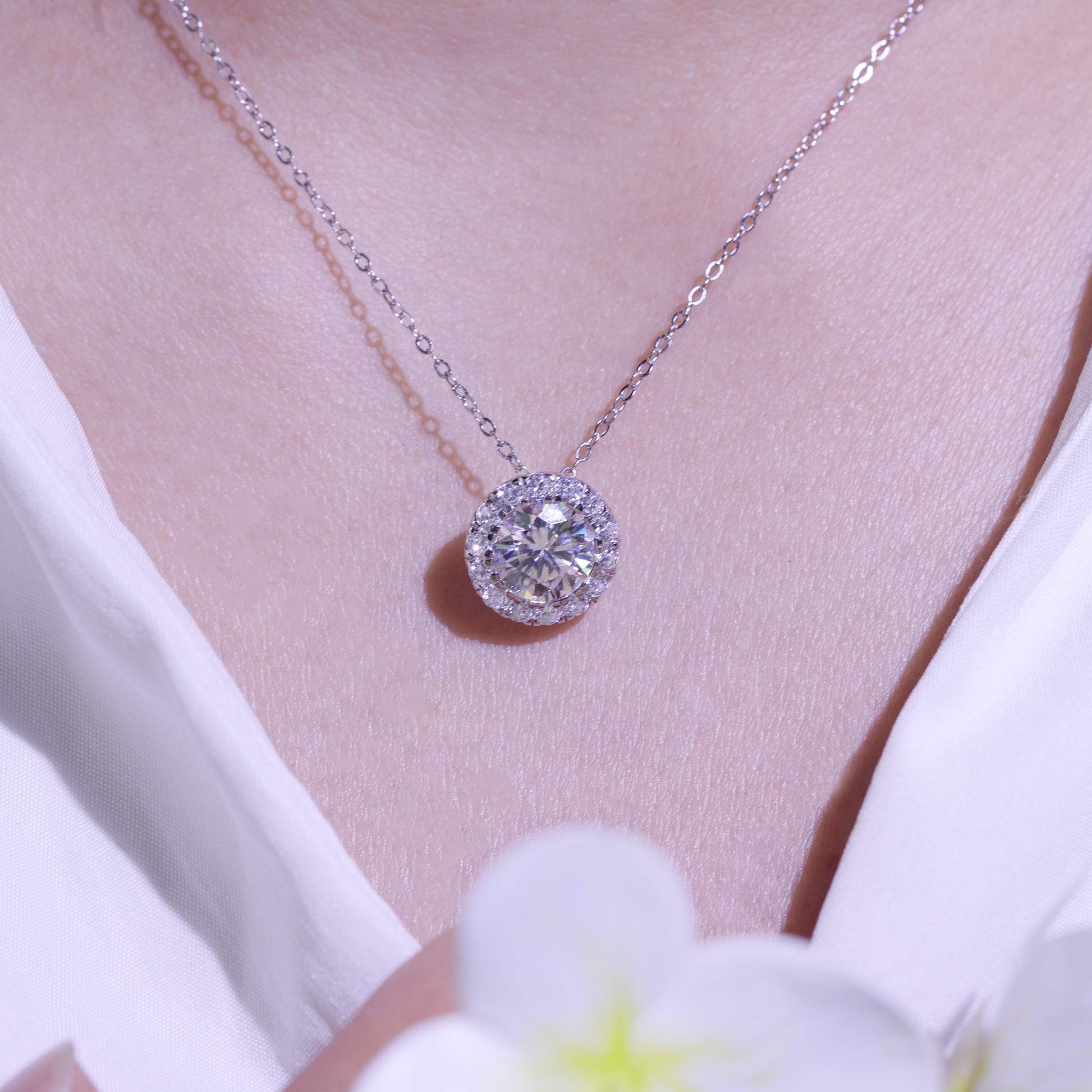 2ct Round Cut Moissanite Halo Necklace –  925 Sterling Silver for Women