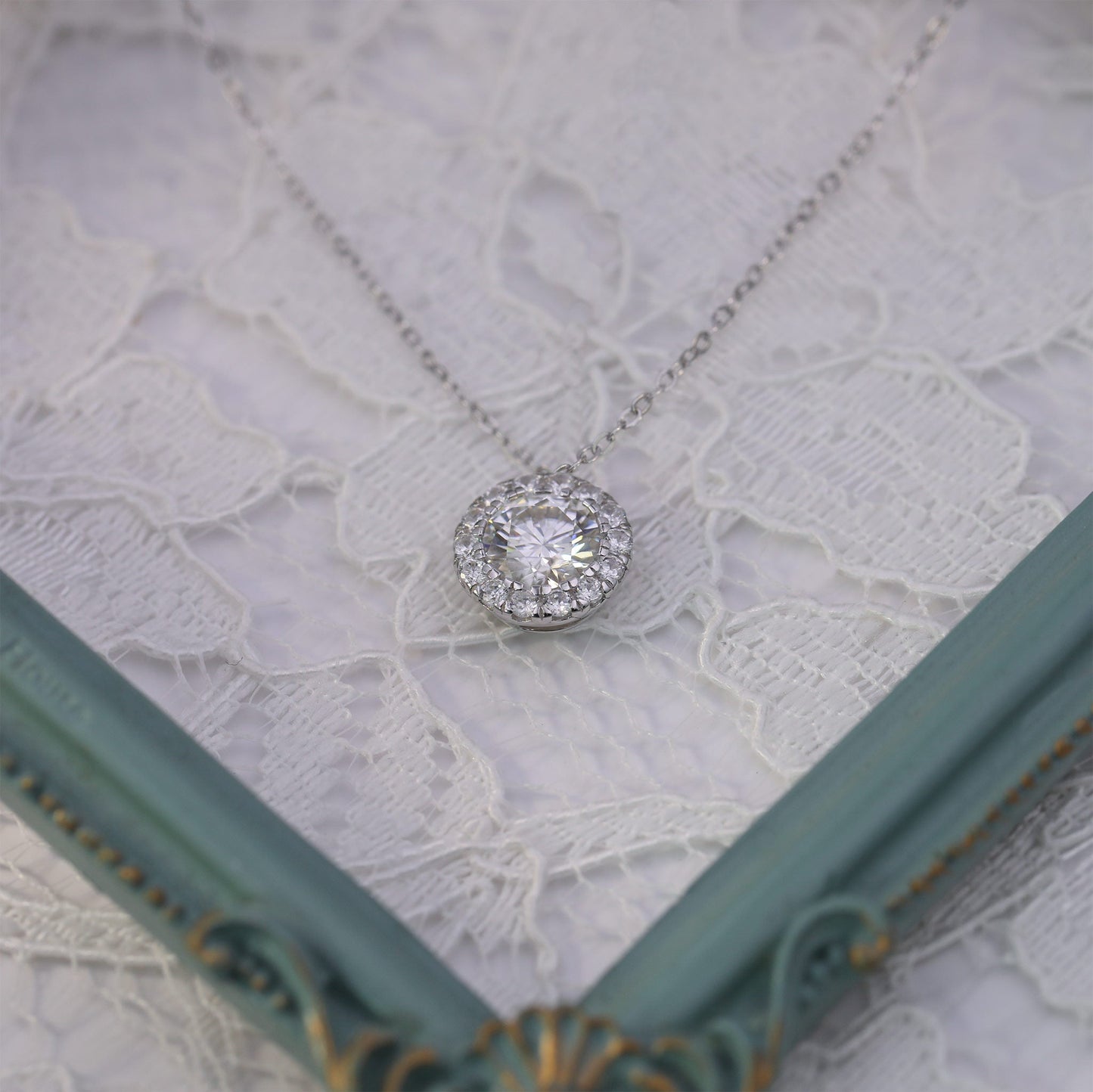 2ct Round Cut Moissanite Halo Necklace –  925 Sterling Silver for Women