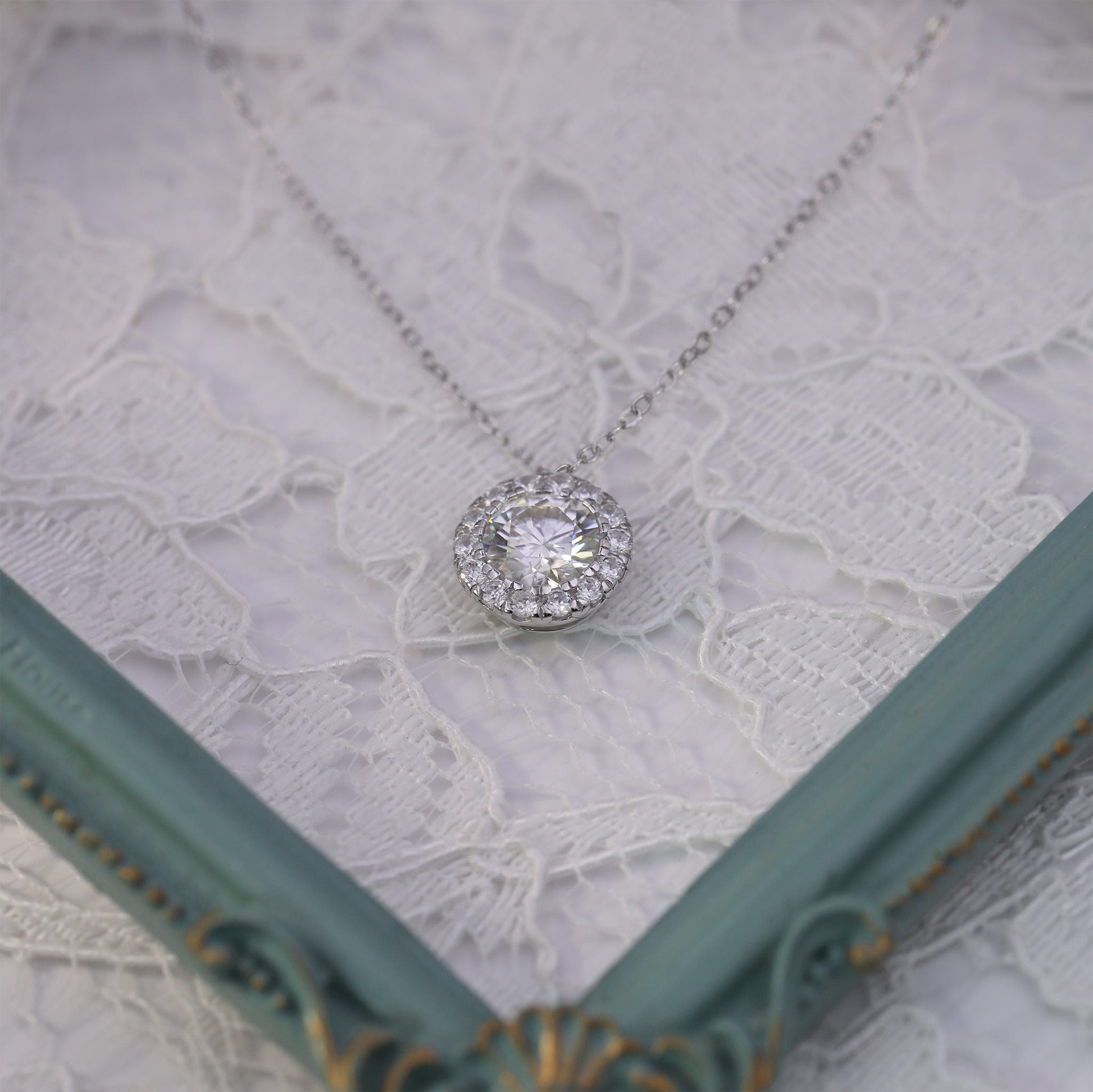 2ct Round Cut Moissanite Halo Necklace –  925 Sterling Silver for Women