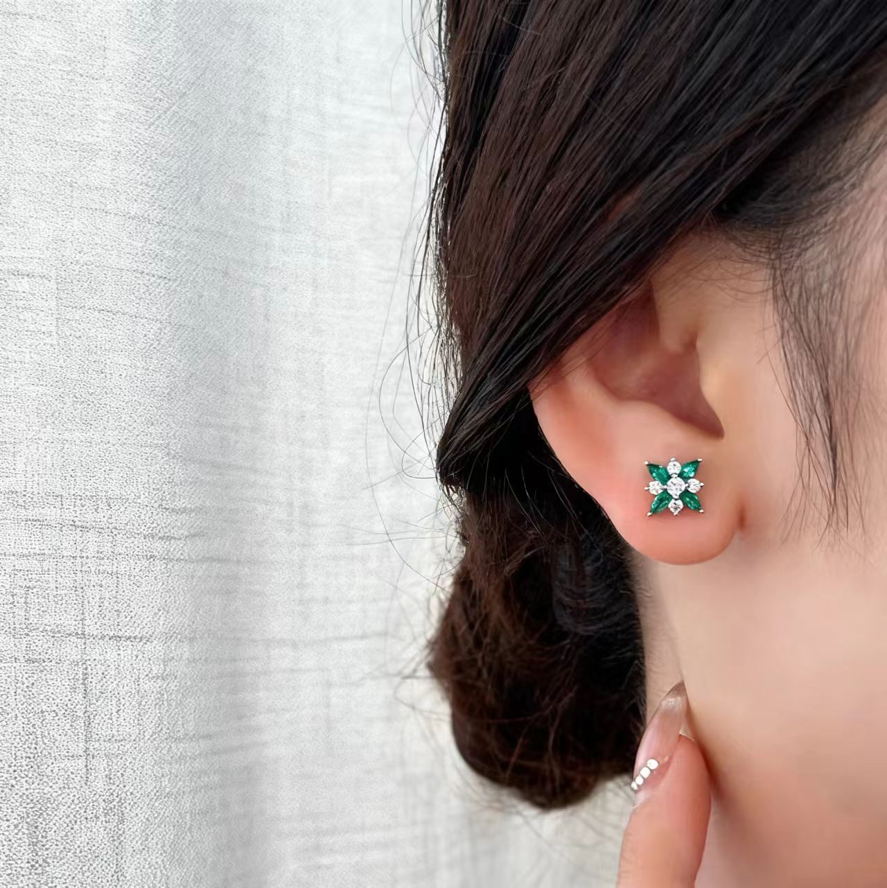 Marquise-Cut Lab-Grown Emerald Floral Stud Earrings with Round Moissanite | 925 Sterling Silver / 18K Gold Custom | BOCOS JEWELRY